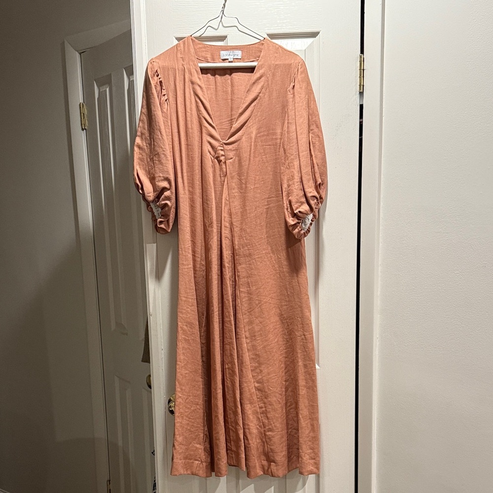 Light Brown Midi Dress with Puff Sleeves
